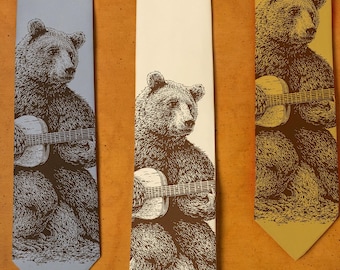 Acoustic Guitar Gift - Men's Necktie for a Music Lover - Bear Playing Guitar