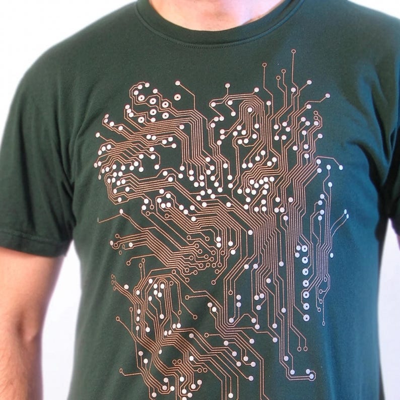Men's green Circuit Board T-shirt with screen printed metallic inks.