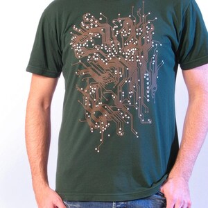 Men's green Circuit Board T-shirt printed on Next Level shirt with screen printed metallic inks