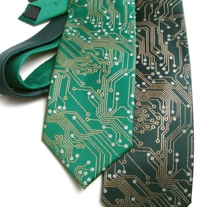 Circuit Board Men's Necktie - Metallic Copper and Silver Ink on Green or Black Necktie