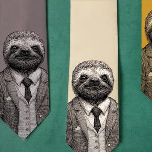 May include: Neckties with a sloth illustration wearing a suit and tie. The ties are in shades of gray, cream, and yellow, with a green background. The sloth's face is detailed, and the ties have a classic design.