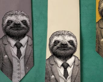 Screen Printed Sloth Necktie – Stylish Animal Art for Men
