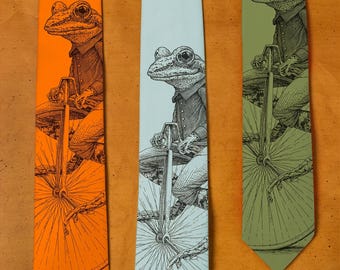 Penny Farthing Frog Necktie - Frog on Bike Men's Tie - Animal riding Bicycle Menswear - Toad Gift for Men - Father's Day