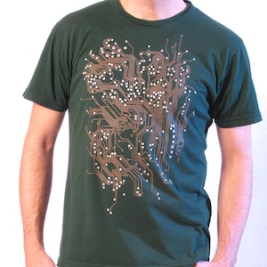 Men's green Circuit Board T-shirt with screen printed metallic inks printed on Next Level tee