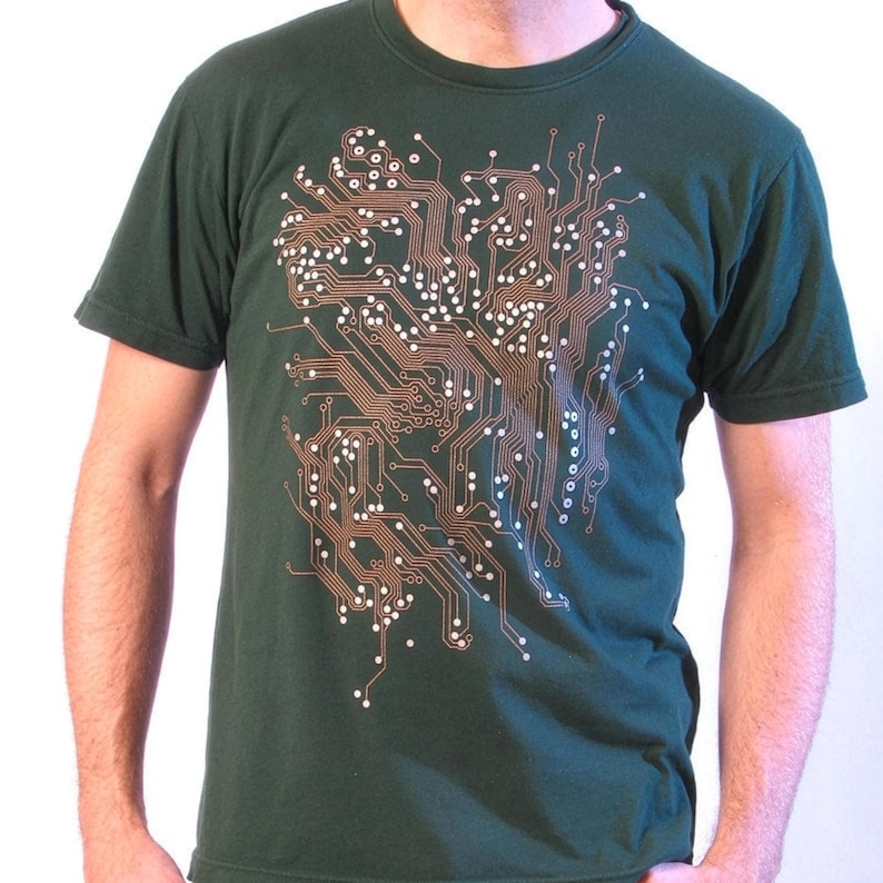 Men's green Circuit Board T-shirt with screen printed metallic inks printed on Next Level tee