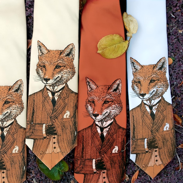 Dapper Fox Necktie - Men's Fox Tie - Groomsmen Necktie - Birthday Gift - Screen Printed Animal Art