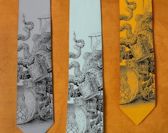 Drumming Octopus Necktie - Men's Octopus Playing Drums Tie - Drummer's Gift - Musician's Necktie - Octodrummer- Drum Player