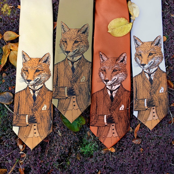Tie - Dapper Fox Necktie - Birthday Gift Men - Men's Fox Tie - Groomsmen Necktie - Fox Art - Men's Gift - Screen Printed Necktie