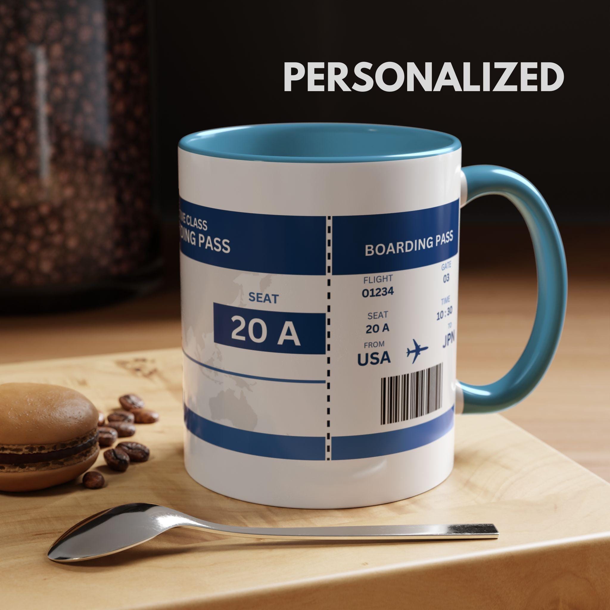 Custom Travel Mug | Boarding Pass gift | Perfect Gift for Travelers, plane ticket mug, Personalised Holiday Airline Boarding Pass mug
