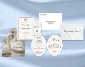 Elegant Swan Wedding Invitation Suite | Classic European Style (Editable Template)