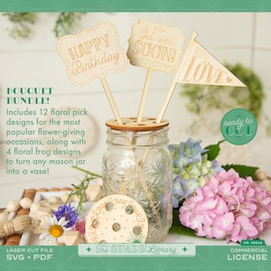 SVG-bundel bloemkikker en bloemenplectrum | Lasergesneden vijlset met 4 maten kikkers + 12 gelegenheden | Digitale download voor Mason Jar Bouquet Gift