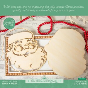 May include: Wooden laser cut Santa Claus head and beard, with a separate head shape. The Santa design is a vintage style, with intricate cut details. The image includes text that says "Laser Cut File" and "The Spark Library".
