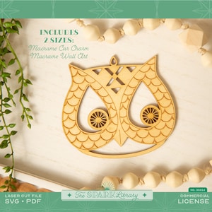 May include: A laser-cut wooden owl shape with intricate details, including a geometric pattern on the head and circular designs within the eyes. The text includes "INCLUDES 2 SIZES: Macrame Car Charm Macrame Wall Art". The design is suitable for macrame projects.