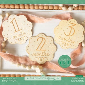 Marqueurs d'étape pour bébé SVG | Fichier de découpe laser pour accessoire photo mensuel | Bord festonné + motif à pois | Fichier numérique pour la découpe laser du bois