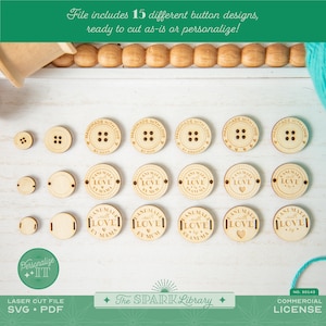 May include: A collection of 15 laser-cut wooden button designs. The buttons include various sizes and shapes, with some featuring the text "Handmade with Love" and others with the text "Handmade with Love by Nana, Mom, or Grandma". The image also includes the text "Personalize It".