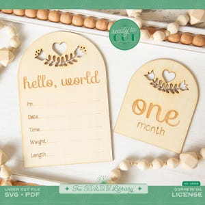 Arche d'étape pour bébé SVG | Marqueur mensuel floral découpé au laser + tableau de statistiques de naissance « Hello World » | Fichier numérique pour bois | Accessoire photo nouveau-né