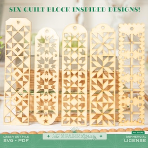 Può includere: Cinque segnalibri in legno con intricati disegni a blocchi di trapunte. Ogni segnalibro presenta un motivo geometrico unico, tagliato dal legno. Il testo "SIX QUILT BLOCK INSPIRED DESIGNS!" è in alto. Il testo in basso recita "LASER CUT FILE SVG • PDF" e "The SPARK Library".