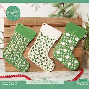 Quilt Pattern Stocking SVG | Christmas Craft DIY File Bundle | Laser Cut File for Wood | Farmhouse Holiday Decor | 3 Designs Included
