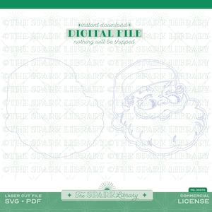 May include: Digital file featuring a laser cut design of Santa Claus. The image includes the text "DIGITAL FILE" and "nothing will be shipped". The Spark Library logo is also present, along with "SVG &bull; PDF" and "COMMERCIAL LICENSE".