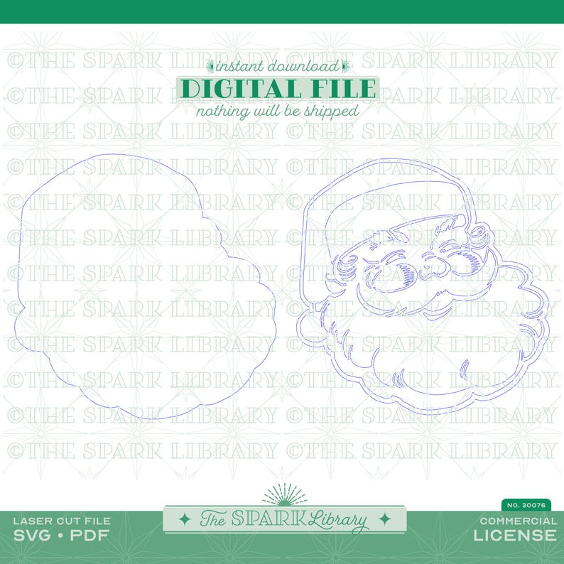 May include: Digital file featuring a laser cut design of Santa Claus. The image includes the text "DIGITAL FILE" and "nothing will be shipped". The Spark Library logo is also present, along with "SVG &bull; PDF" and "COMMERCIAL LICENSE".