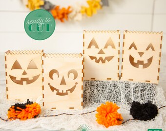 Paquete de archivos SVG de linterna de Jack O'Lantern / Diseños de linternas cortadas a láser con 4 caras diferentes / Archivos de corte de descarga digital