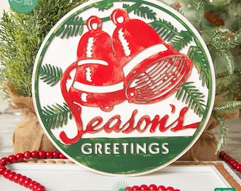 Season’s Greetings SVG | Vintage Christmas Sign | Retro Holiday Wall Decor | Layered Christmas SVG | Laser Cut Holiday Sign