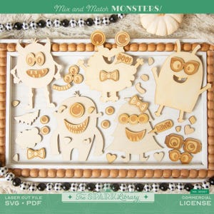 Könnte beinhalten: Holz-Laser-Cut-Monsterformen und Zubehör, darunter Augen, Münder und Fliegen. Der Text "Mix and Match MONSTERS!" steht oben. Der untere Teil des Bildes enthält den Text "LASER CUT FILE SVG • PDF" und "The SPARK Library".