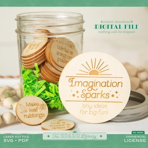 Kinderen activiteitenpot SVG | 'Imagination Sparks'-set met deksel en tokens | Lasergesneden bestand voor zomervakantieplezier | Digitaal bestand voor lasersnijder