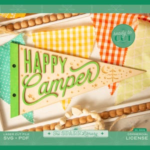 Joyeux campeur nostalgique fanion SVG | Fichier découpé au laser pour camping-car ou chalet | Décoration d'extérieur DIY pour les artisans avec une touche vintage (fr) | Télécharger maintenant
