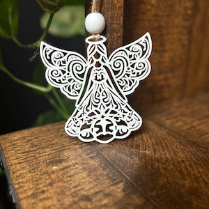 Hand Painted Wooden Angel Ornaments – White Christmas Ornaments with Twine & Wood Bead – Rustic Holiday Decor
