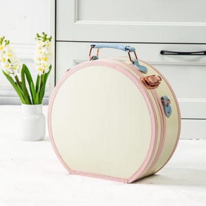 Puede incluir: Una maleta redonda de color crema con ribetes rosa claro y un asa azul claro. La maleta cuenta con herrajes metálicos en oro rosa, incluyendo un cierre superior y enganches laterales para una correa, con un diseño circular estructurado.