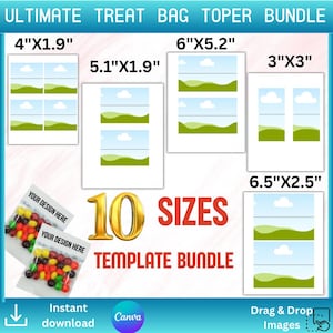 Printable Treat Bag Topper Template Bundle, 10 Sizes, Canva Editable Snack Bag Tags, DIY Birthday Party Favor Labels, Instant Download