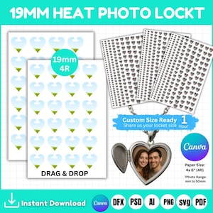 Könnte beinhalten: Ein Bild mit einem herzförmigen Medaillon mit Foto, zusammen mit herzförmigen Aufklebern. Text enthält "19MM HEAT PHOTO LOCKT", "DRAG & DROP" und "Instant Download". Papierformat: 10.16cm x 15.24cm.