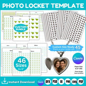 May include: A heart-shaped photo locket template with a silver chain, open to reveal a couple's photo. The image includes various sizes of heart-shaped and diamond-shaped designs, with text indicating 46 sizes available, 4x6 inches, and a photo range from 5mm to 50mm.