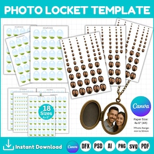 Könnte beinhalten: Foto-Medaillon-Vorlage mit verschiedenen Größen und Designs. Enthält ein bronzefarbenes Medaillon mit einem Foto im Inneren, umgeben von bedruckten Blättern mit ovalen und kreisförmigen Bildern. Der Text lautet "PHOTO LOCKET TEMPLATE", "18 Sizes 4x6" und "Instant Download".