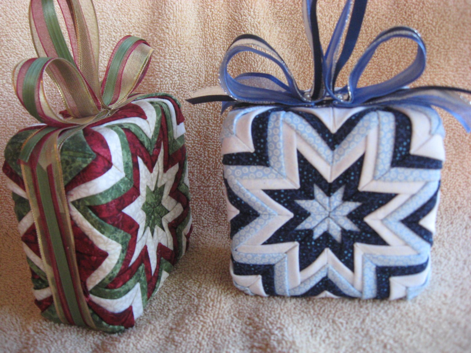 Quilted Christmas Ornaments Complete Patten Booklet- Gift Box- Folded Star- No Sew- Folded Fabric