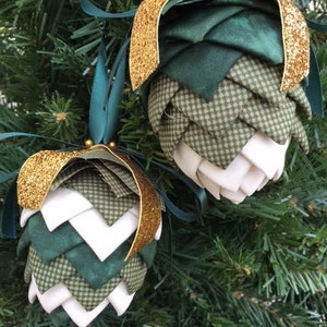 Complete No-Sew Pinecone Kit- Christmas Ornaments, Decorations-Crafts-Green, Cream, and Green Checkered colors.  Folded Fabric, Kids Craft