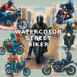 Street Motorcycle Clipart Bundle PNG Watercolor Biker Art Set of 13 Urban Rider Graphics Transparent Background 300DPI Digital Download