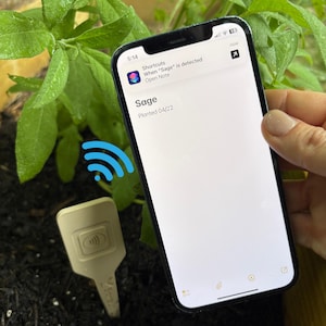 May include: A close-up of a smartphone displaying a note titled "Sage" with the text "Planted 04/22" and a notification from the Shortcuts app that says "When "Sage" is detected Open Note". A small, beige, wireless sensor with a blue wifi symbol is in the foreground.
