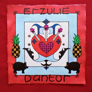 Original Erzulie Dantor Veve Painting – Acrylic, Ink & Glitter on Handmade Paper – 30x30cm - Vodou Ritual Art