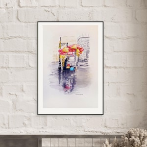 Metallgerahmter Druck - Warme Erinnerungen - Hot Dog Cart Art in Grau- und Rottönen - Perfektes Stadtdekor