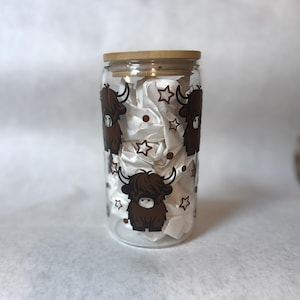 Highland Cow Glass Can Cup | 16oz Iced Coffee Cup with Bamboo Lid & Straw | Cute Cow Tumbler | Cozy Western Aesthetic