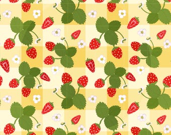 Patroon botergeel aardbei, naadloos patroon aardbei gingang png, print op stof cottagecore fruit, digitaal zomerpapier 10 x 10 in