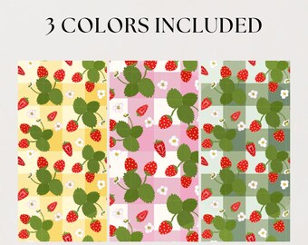 Strawberry Seamless Pattern Bundle, Gingham Plaid Strawberry Digital Paper, Cottagecore Fruit Fabric Pattern, Spring Summer PNG (3 Colors)