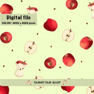 May include: Digital file featuring a repeating pattern of red apples, apple halves, and seeds on a light green background. The text "Digital file" and "300 DPI • 4000 x 4000 pixels" are visible. The shop name "TAMMYTAM SHOP" is also displayed.