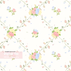 May include: A digital file featuring a repeating floral pattern. The design includes bouquets of pink, yellow, and blue flowers, along with delicate vines and buds, set against a cream background. The text "Digital file" is visible.