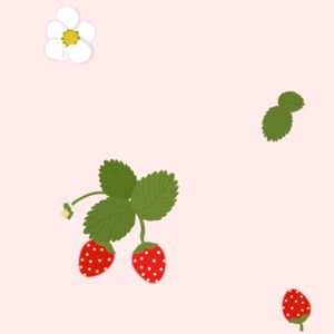 May include: Illustration of strawberries, leaves, and a flower on a light pink background. The strawberries are red with white seeds. The leaves are green, and the flower is white with a yellow center. The image has a simple, cartoon-like style.