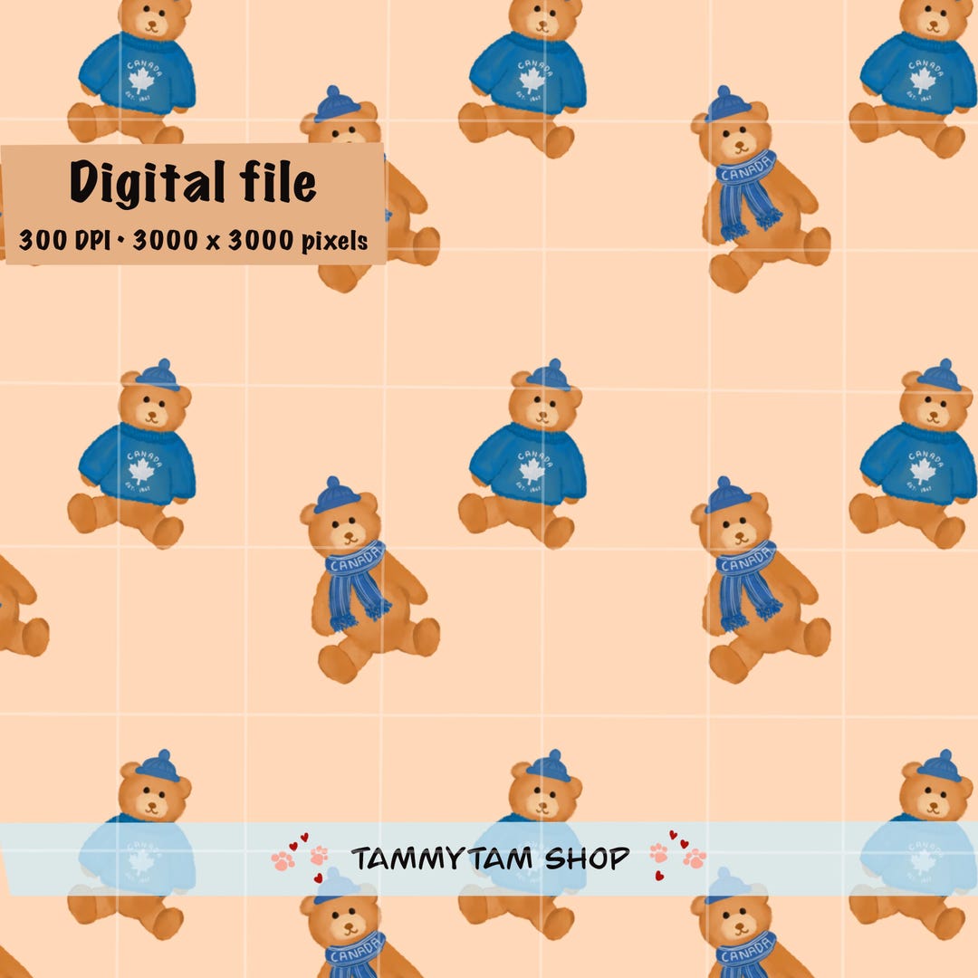 Canadian Teddy Bears Seamless Pattern | Digital Download PNG | Handrawn ...
