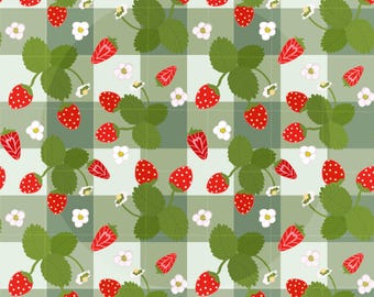 Sage Green Strawberry Floral Pattern, Strawberry Gingham Seamless Pattern PNG, Cottagecore Fruit Fabric Print, Spring Digital Paper 10x10 in