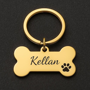 Porte-clés personnalisé avec plaque d'identification pour animal de compagnie - Plaque nominative gravée personnalisée pour chiens, chats, chiots - Pendentif en forme d'os pour collier - Accessoires pour animaux de compagnie
